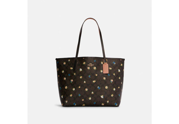 COACH City Tote In Signature Canvas With Vintage Mini Rose Print - Gold/Brown Black Multi